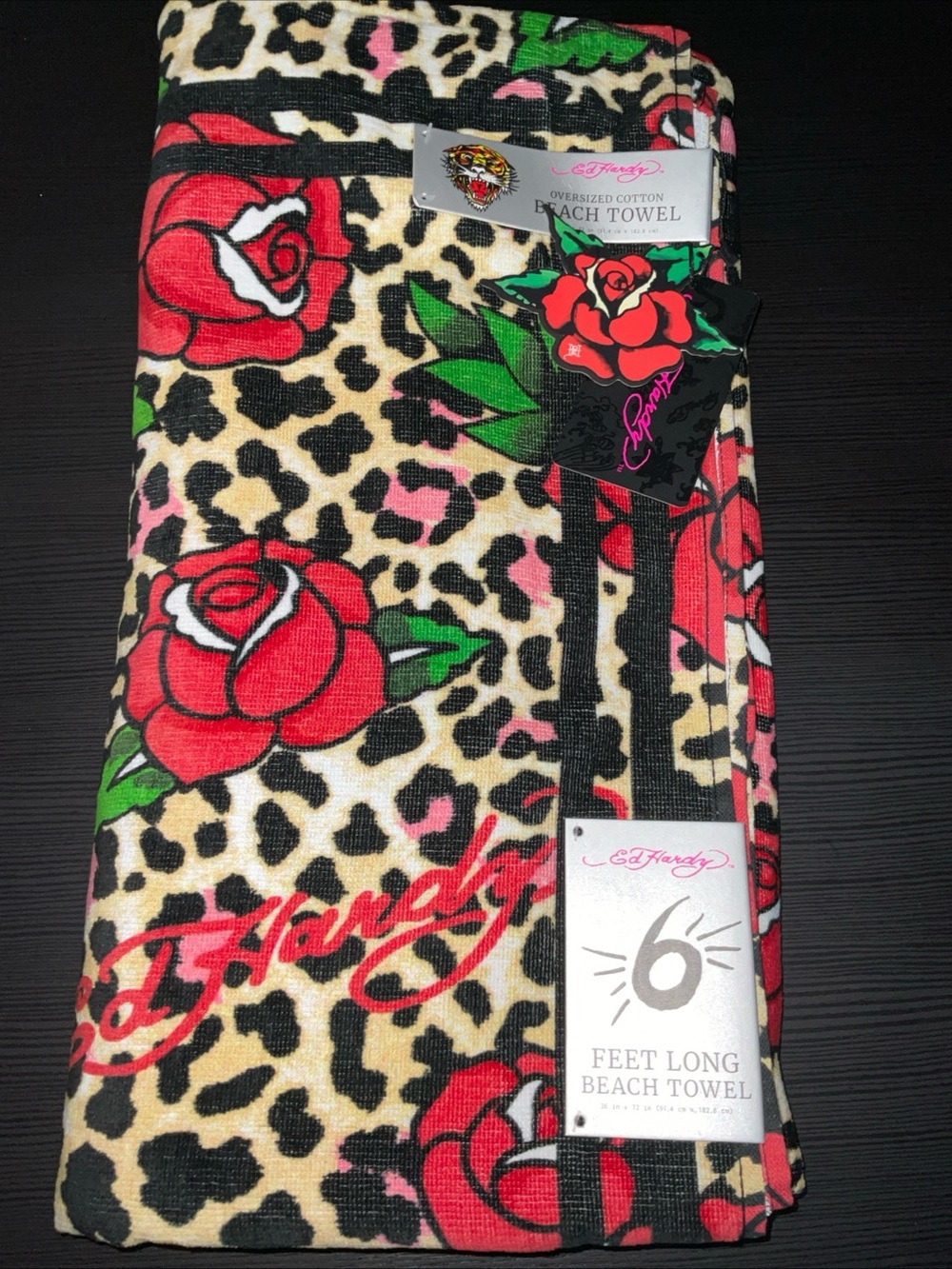 ED HARDY LEOPARD RED ROSES PRINT OVERSIZED 6 FEET COTTON BEACH TOEL 36x72” NWT